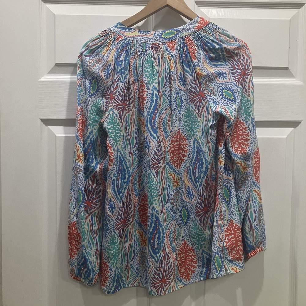 Lilly Pulitzer Elsa‎ Silk Top Size Small Let Minnow Coral Print Blue Long Sleeve - Picture 7 of 10